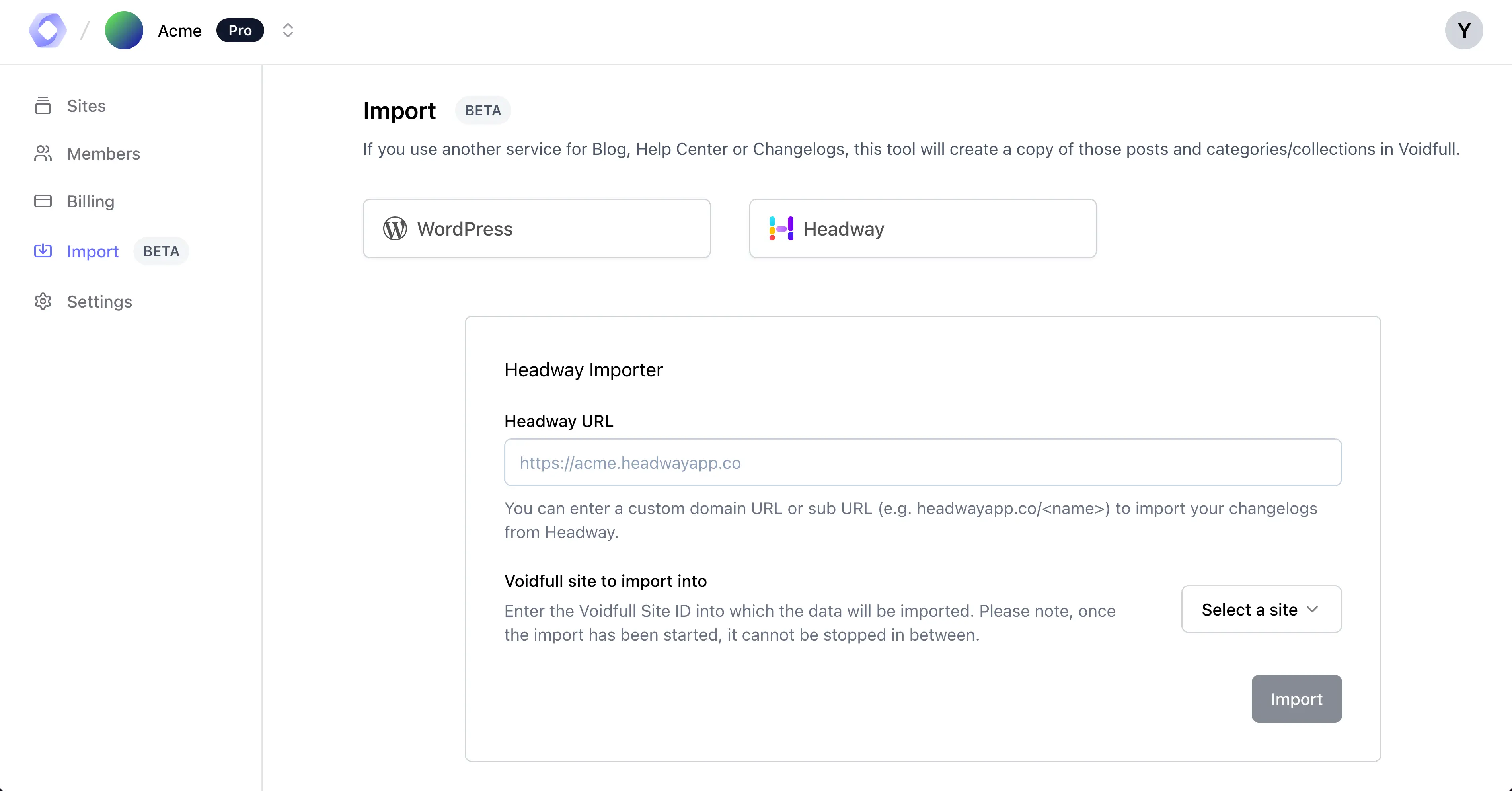 Import Headway screenshot in Voidfull