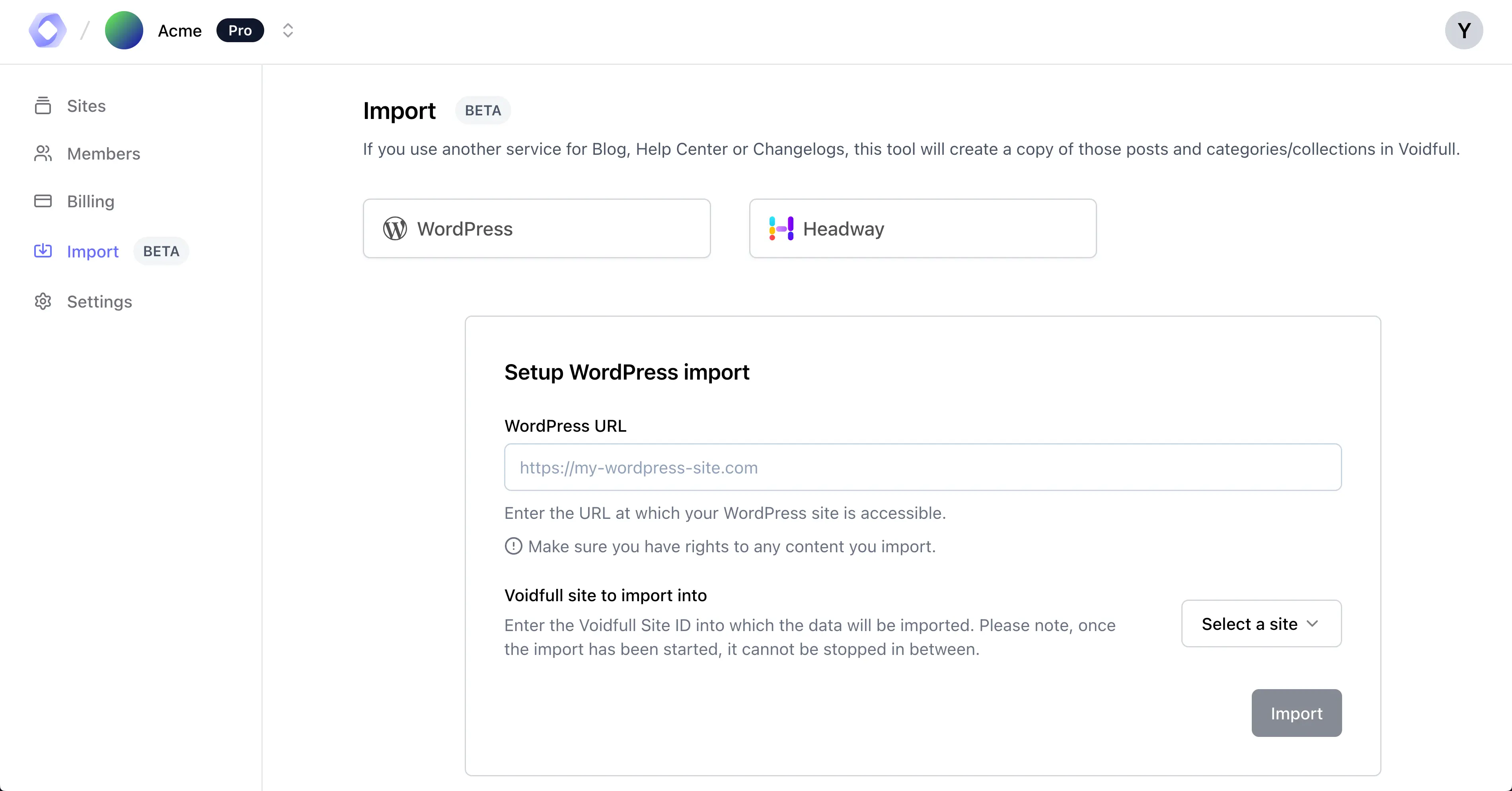 Import WordPress screenshot in Voidfull