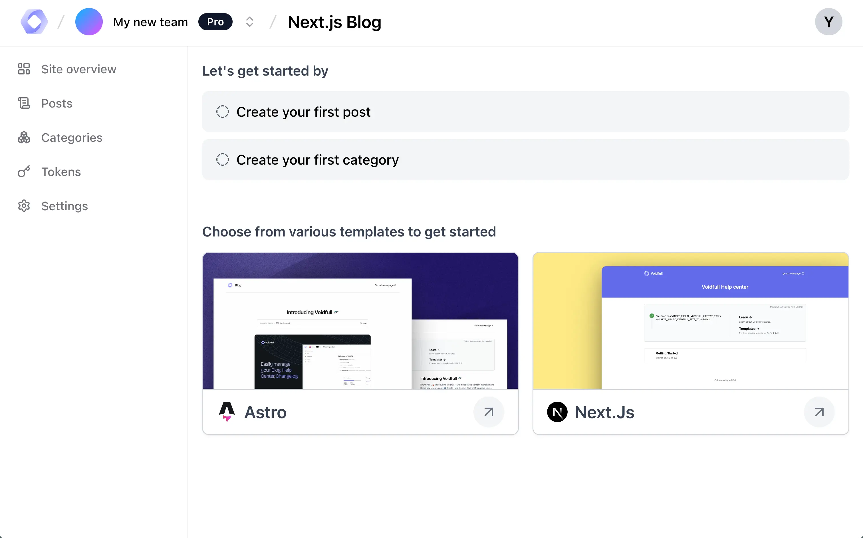 Screenshot of Site overview page in Voidfull